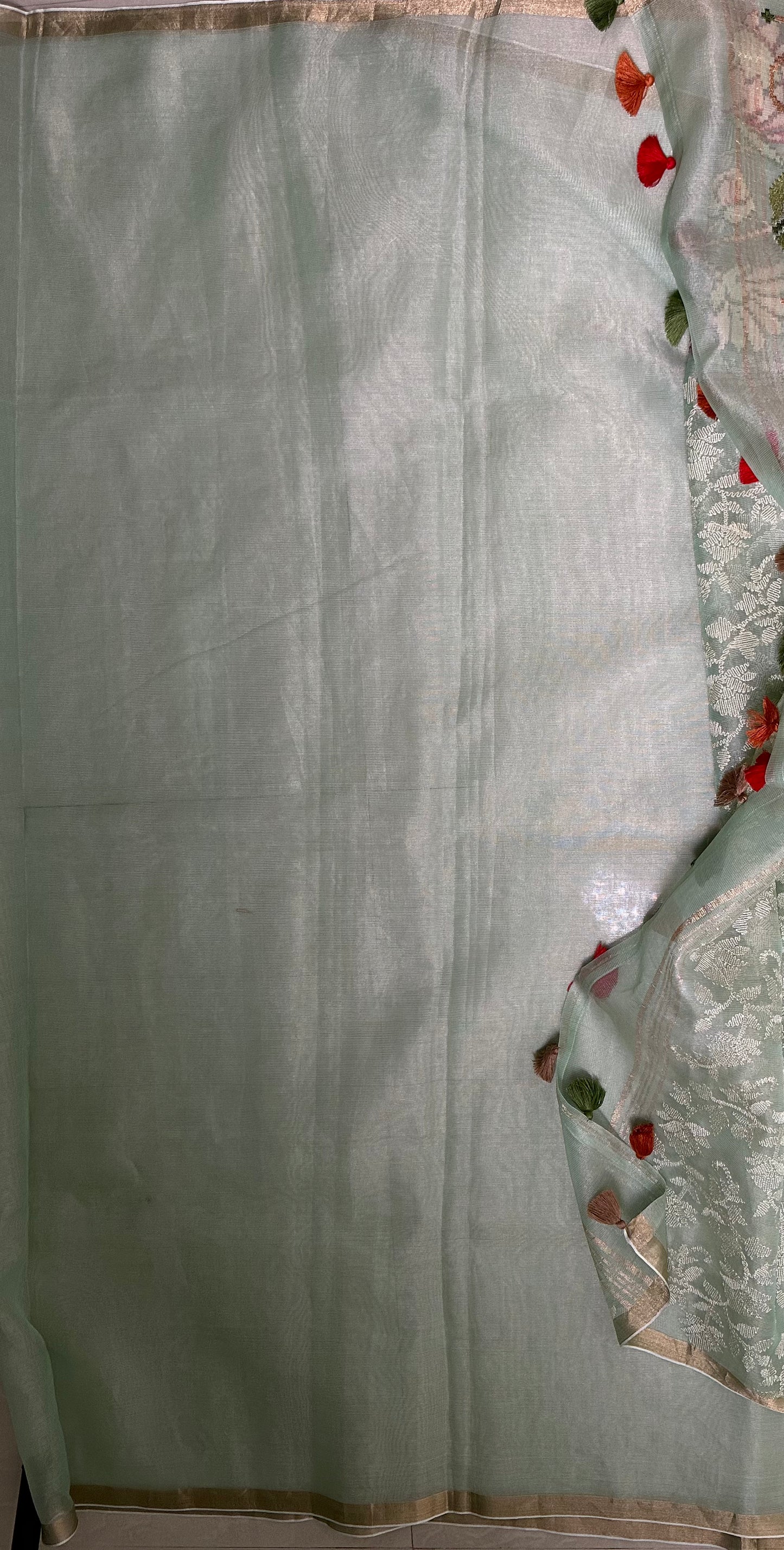 Pista Green Tissue Floral Skirt Border Embroidery Saree