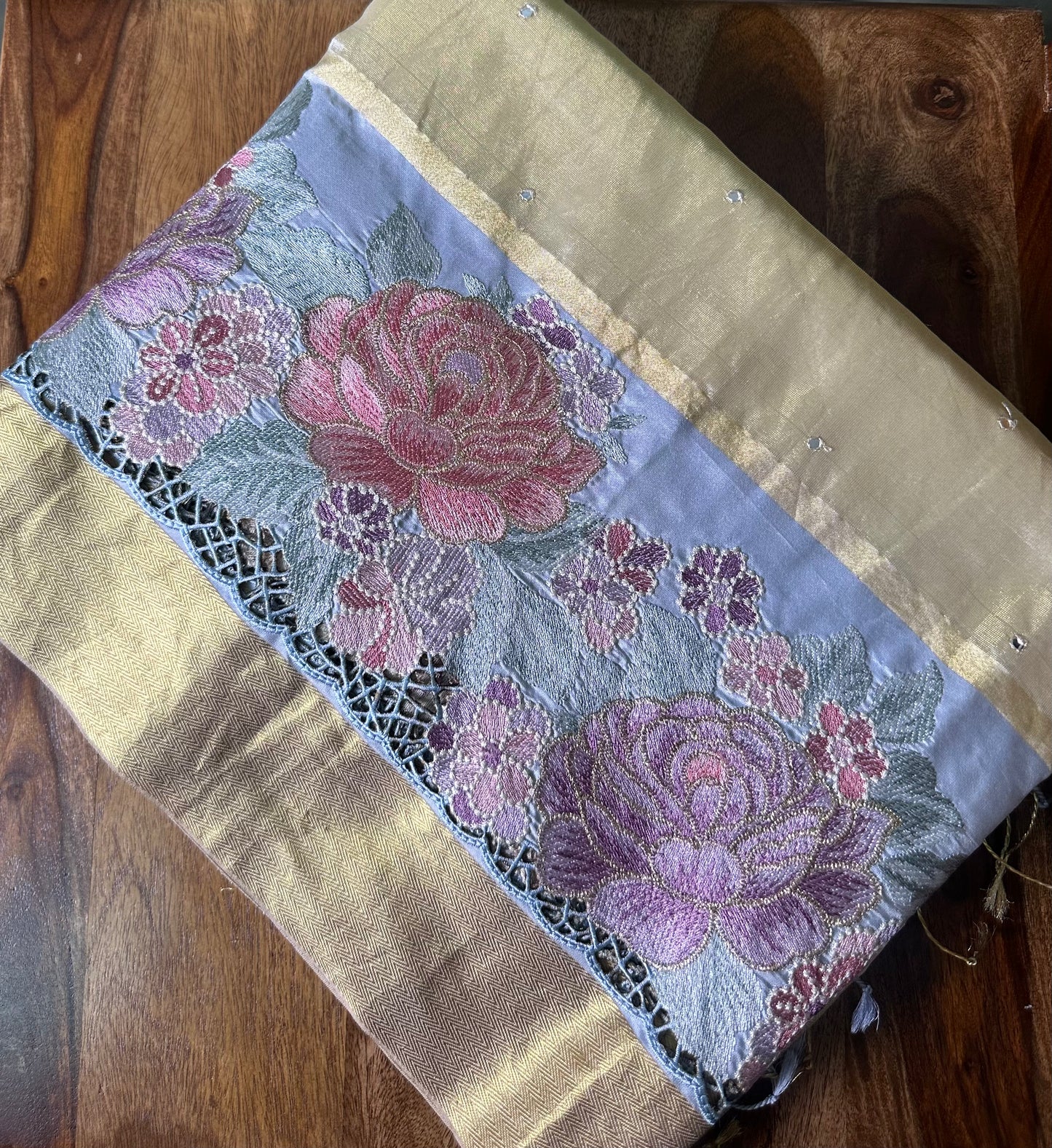 Half White Kanchi Cutwork Embroidery Saree with Allover mirror work