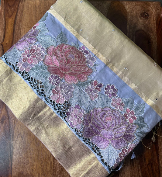 Half White Kanchi Cutwork Embroidery Saree with Allover mirror work