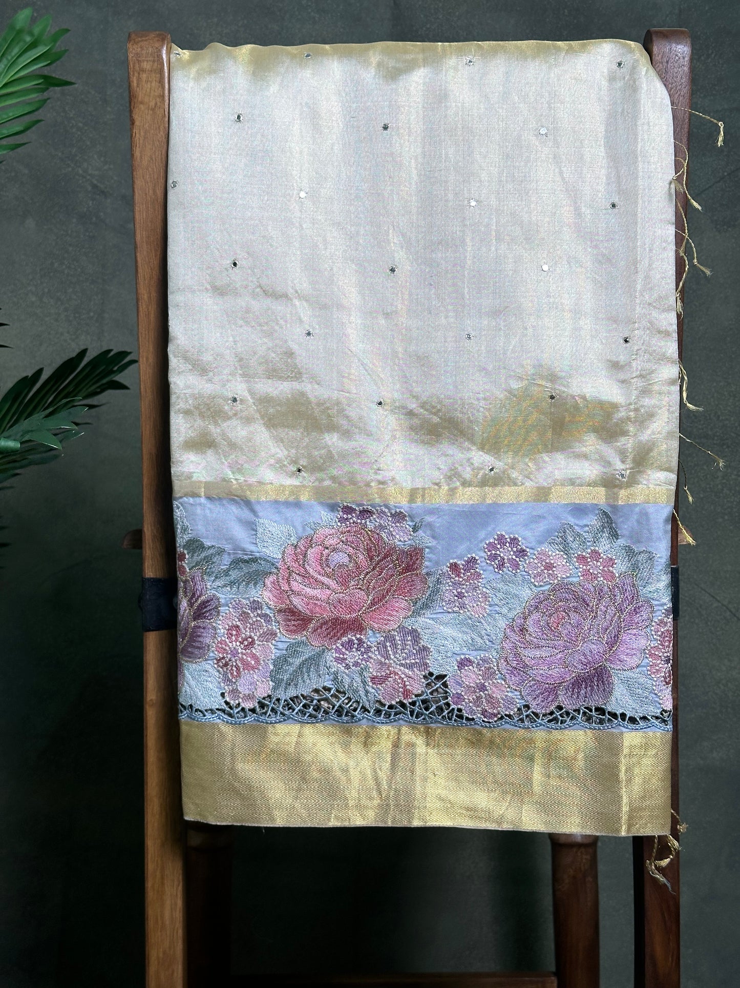 Half White Kanchi Cutwork Embroidery Saree with Allover mirror work