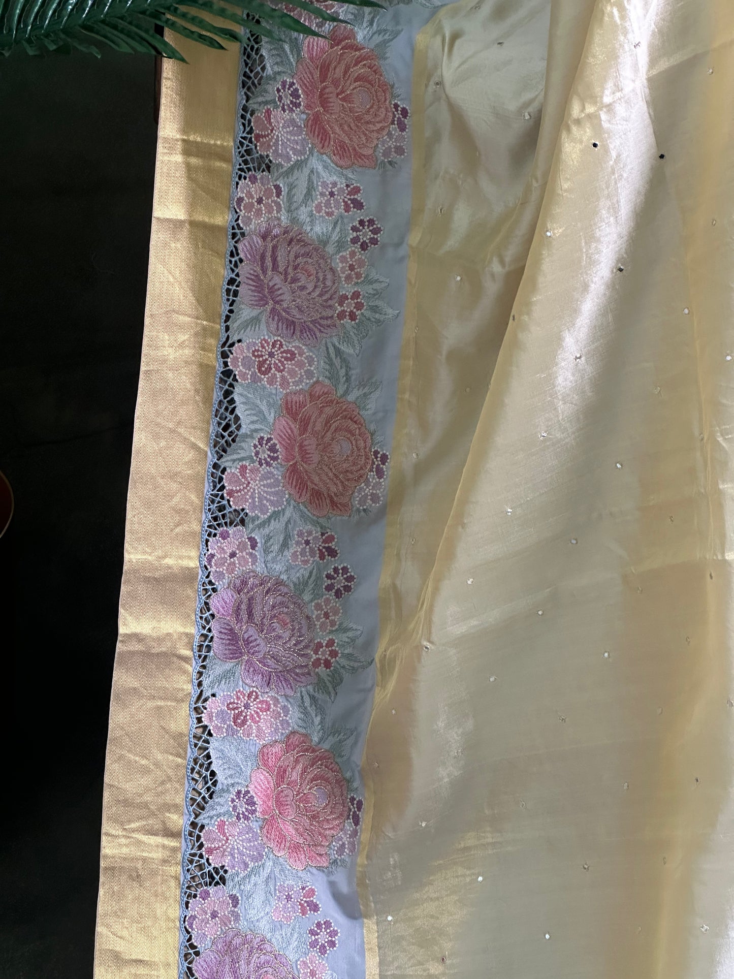 Half White Kanchi Cutwork Embroidery Saree with Allover mirror work