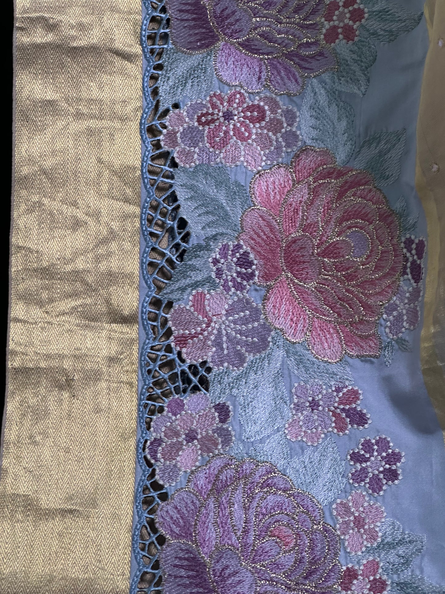 Half White Kanchi Cutwork Embroidery Saree with Allover mirror work