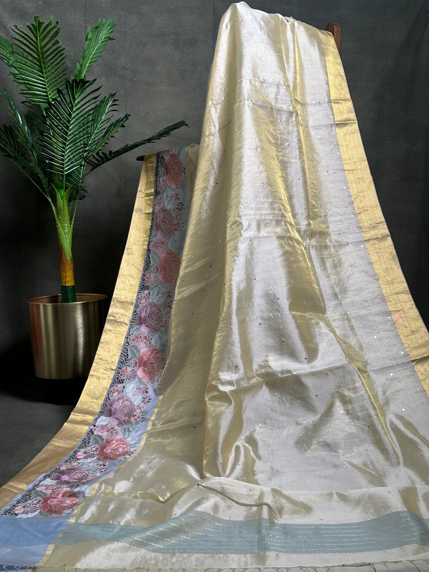 Half White Kanchi Cutwork Embroidery Saree with Allover mirror work