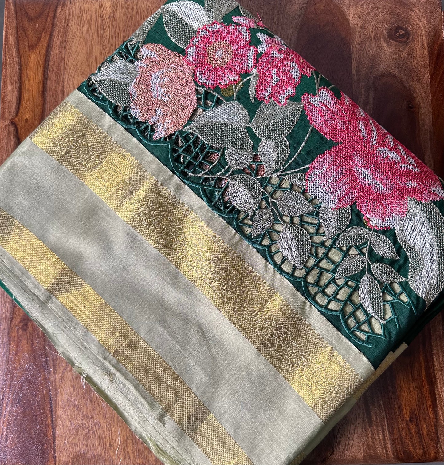 Emerald Green Pure Kanjeevaram Cut Work Embroidery Saree