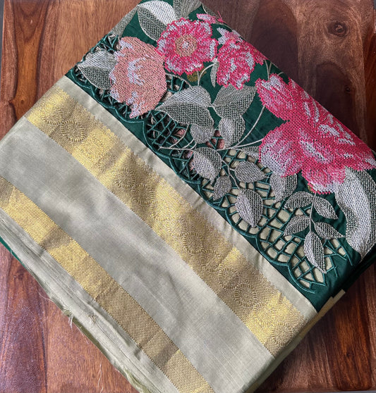 Emerald Green Pure Kanjeevaram Cut Work Embroidery Saree