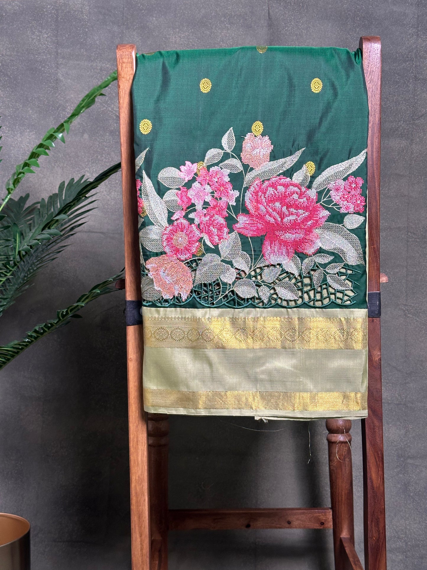 Emerald Green Pure Kanjeevaram Cut Work Embroidery Saree