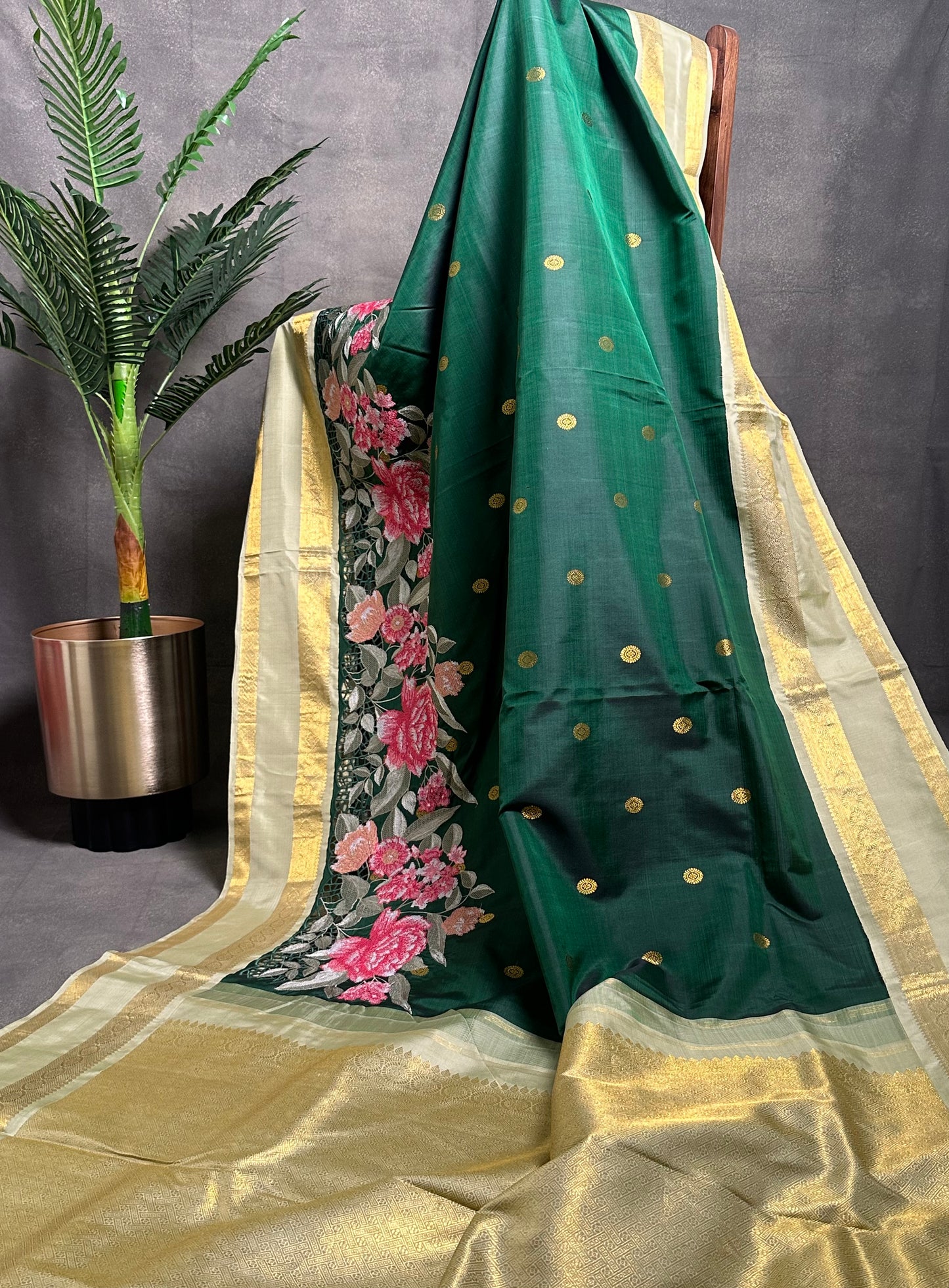 Emerald Green Pure Kanjeevaram Cut Work Embroidery Saree