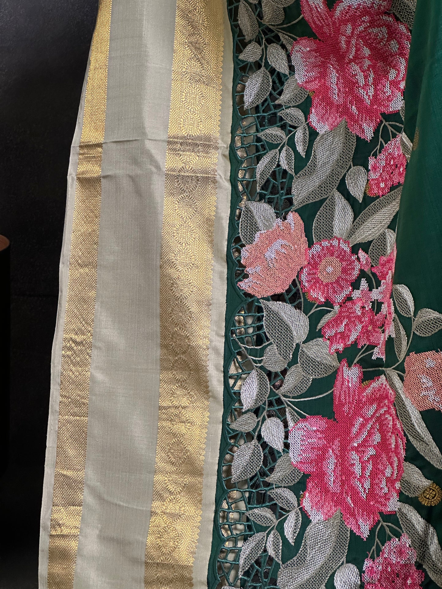 Emerald Green Pure Kanjeevaram Cut Work Embroidery Saree