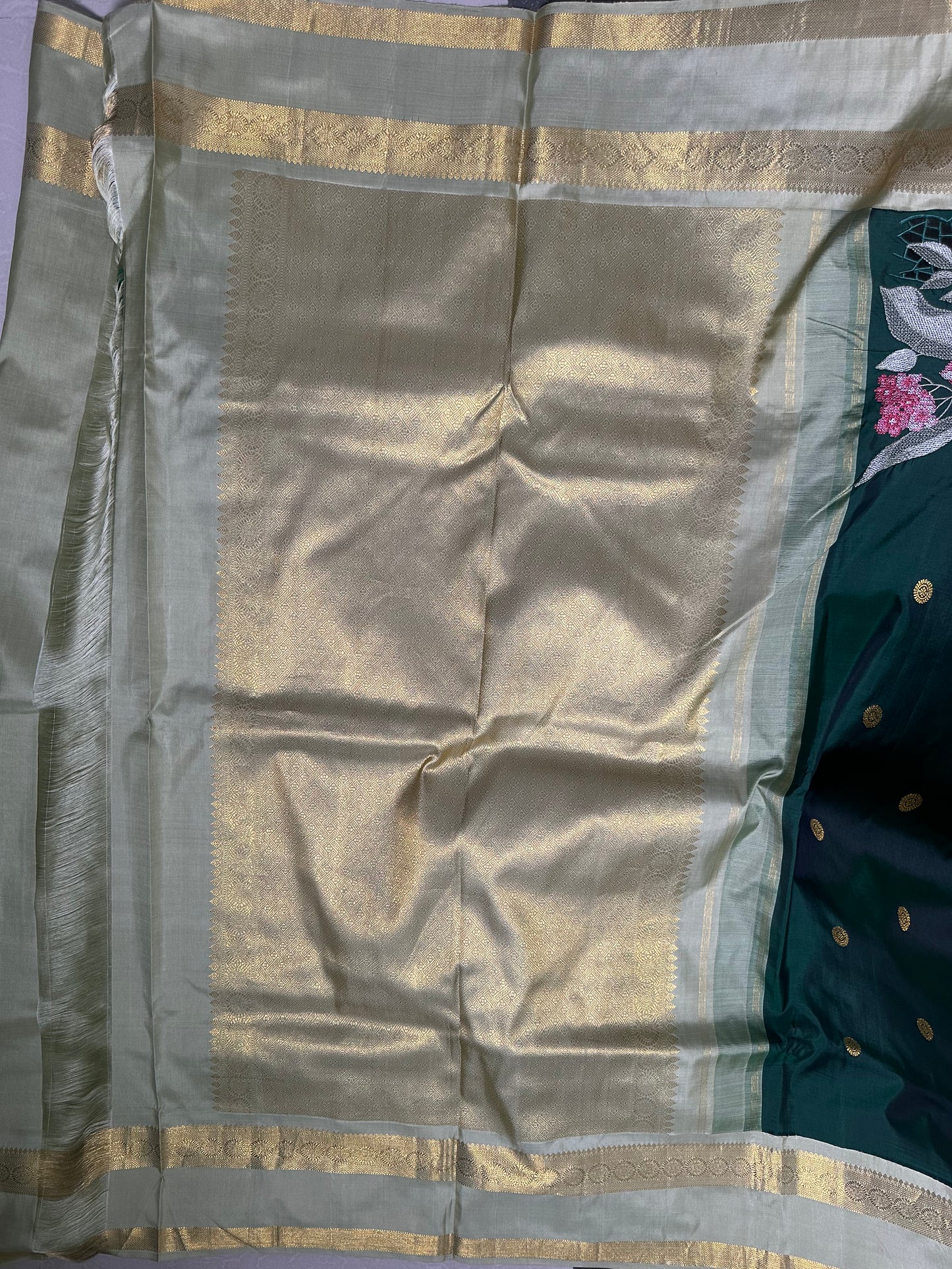Emerald Green Pure Kanjeevaram Cut Work Embroidery Saree
