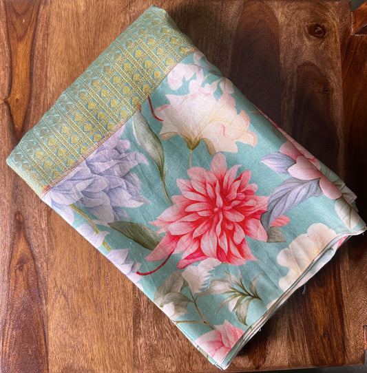 Sea Green Digital Print Pure Kanchi Silk Saree