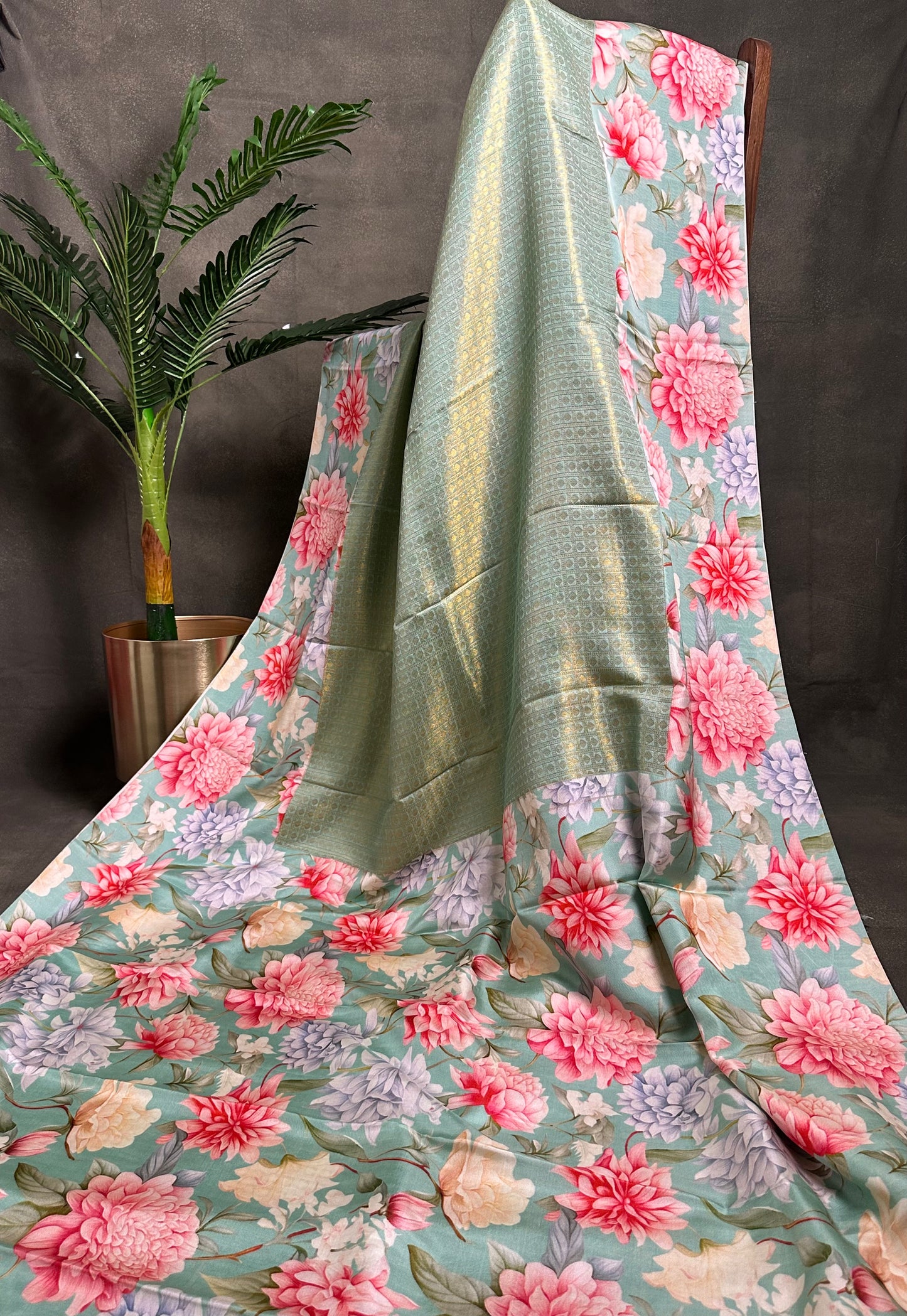 Sea Green Digital Print Pure Kanchi Silk Saree