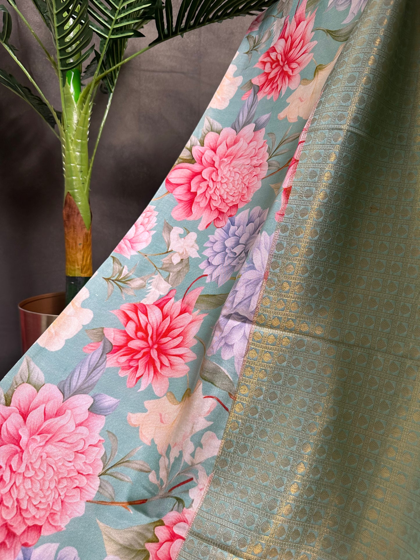 Sea Green Digital Print Pure Kanchi Silk Saree
