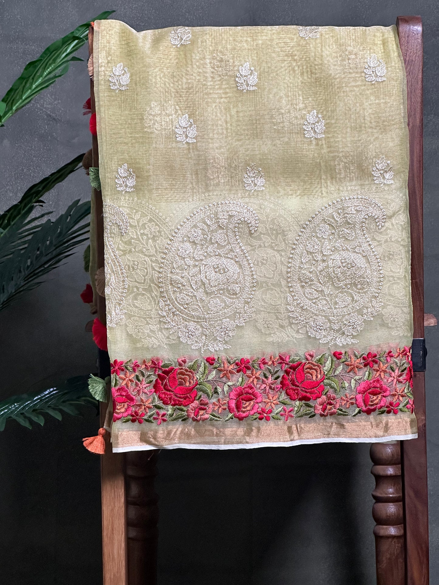 Light Lemon Yellow Tissue Embroidery Saree