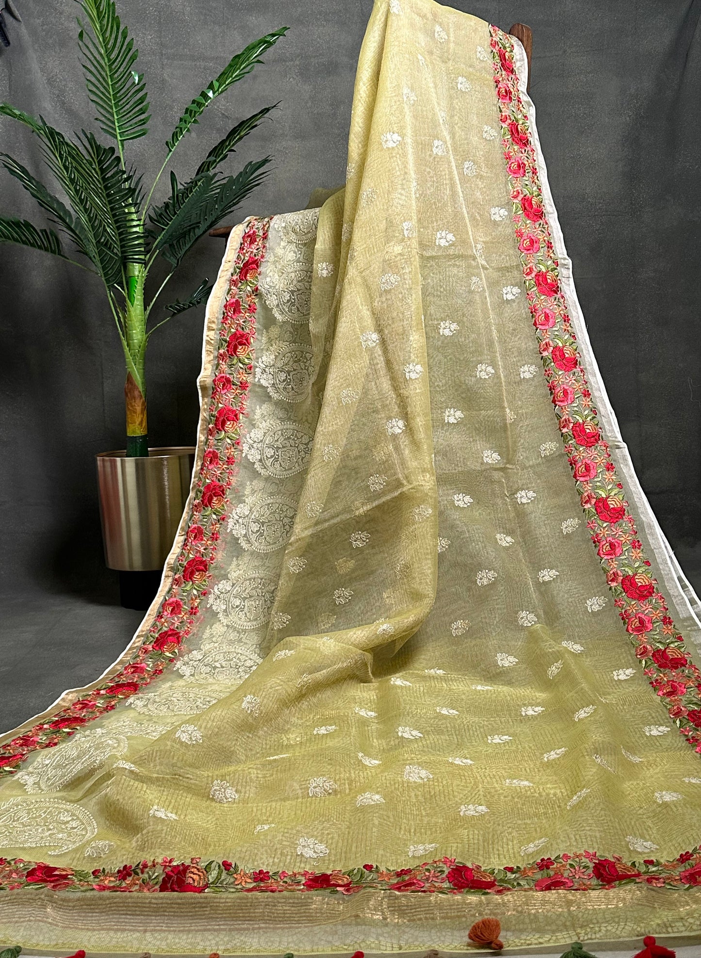 Light Lemon Yellow Tissue Embroidery Saree