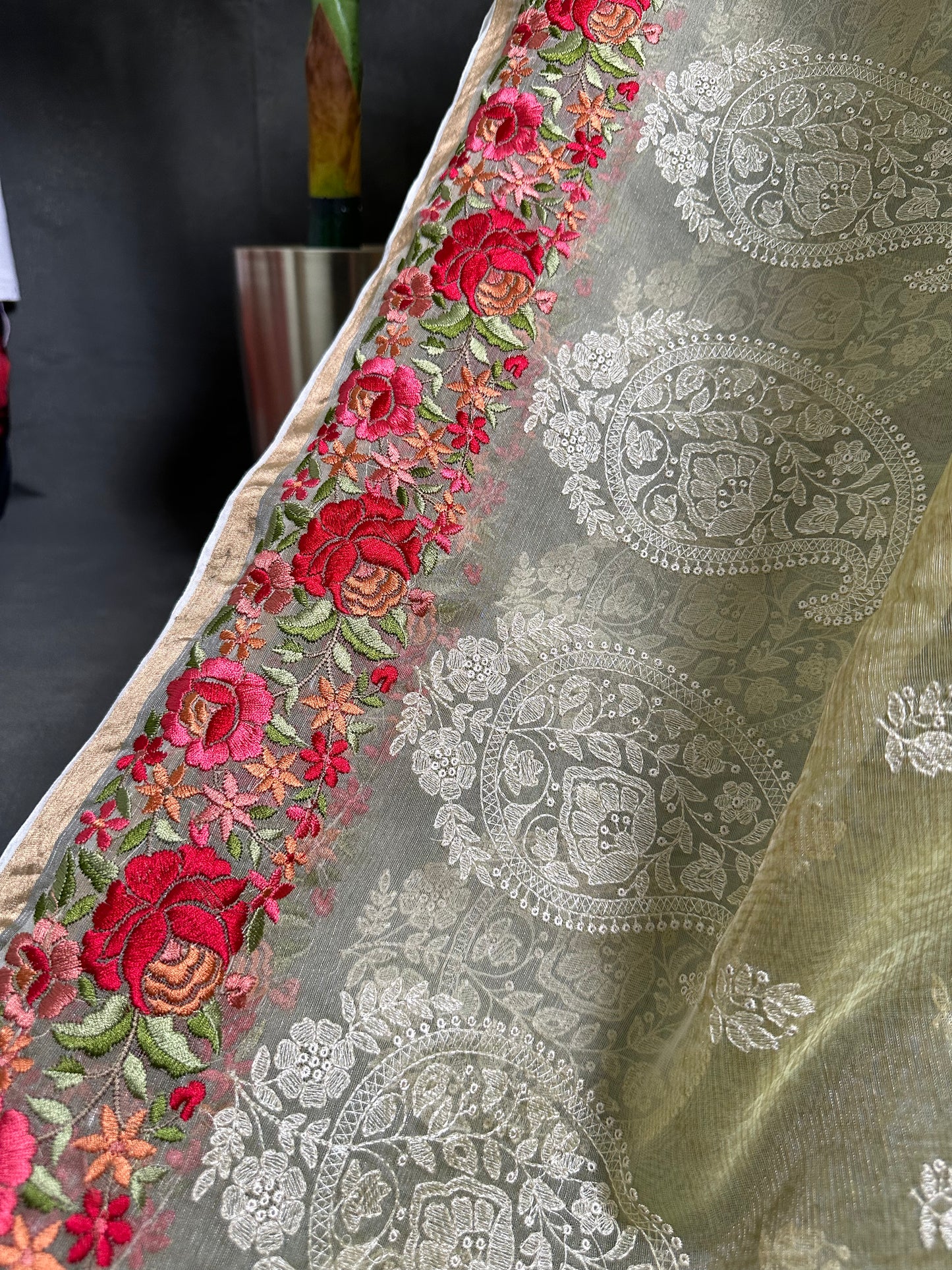 Light Lemon Yellow Tissue Embroidery Saree