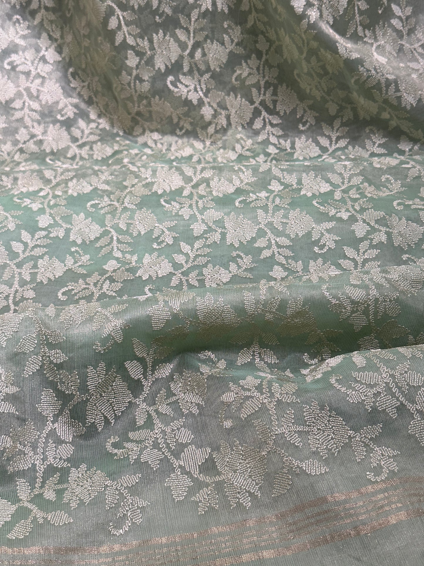 Pista Green Tissue Floral Skirt Border Embroidery Saree