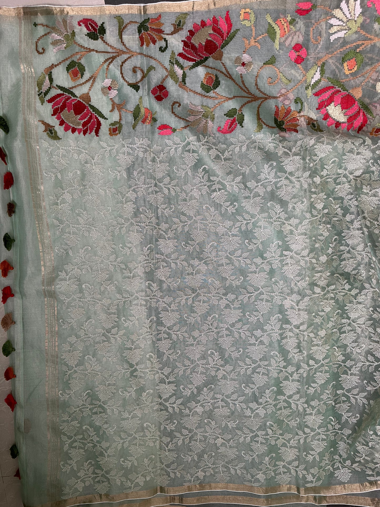 Pista Green Tissue Floral Skirt Border Embroidery Saree